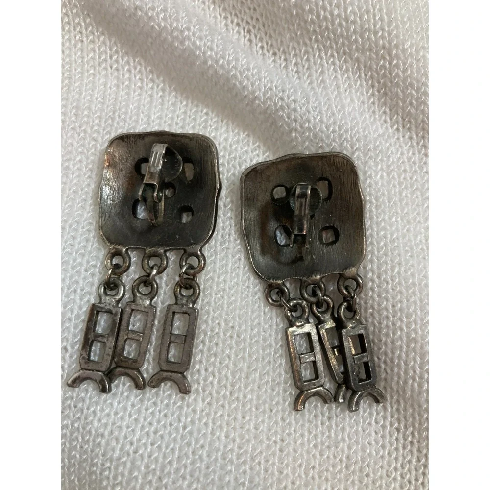Vintage Modernist Pewter Clip On Earrings‎ Artsy Brutalist Statement Artisan